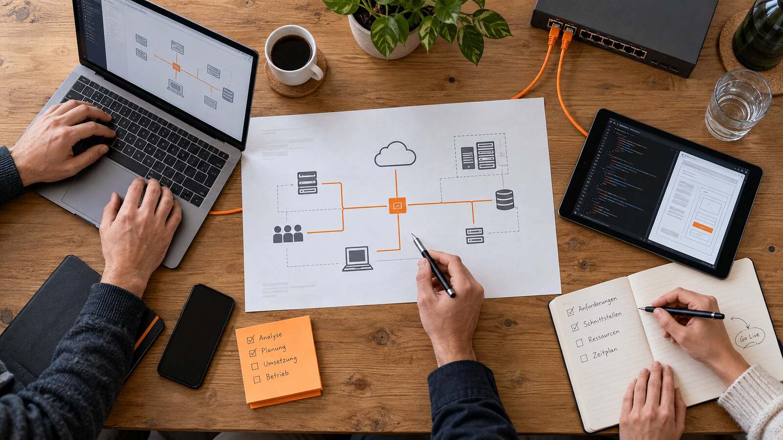 An architecture plan connects consulting, operations, infrastructure and development in a clearly structured workspace