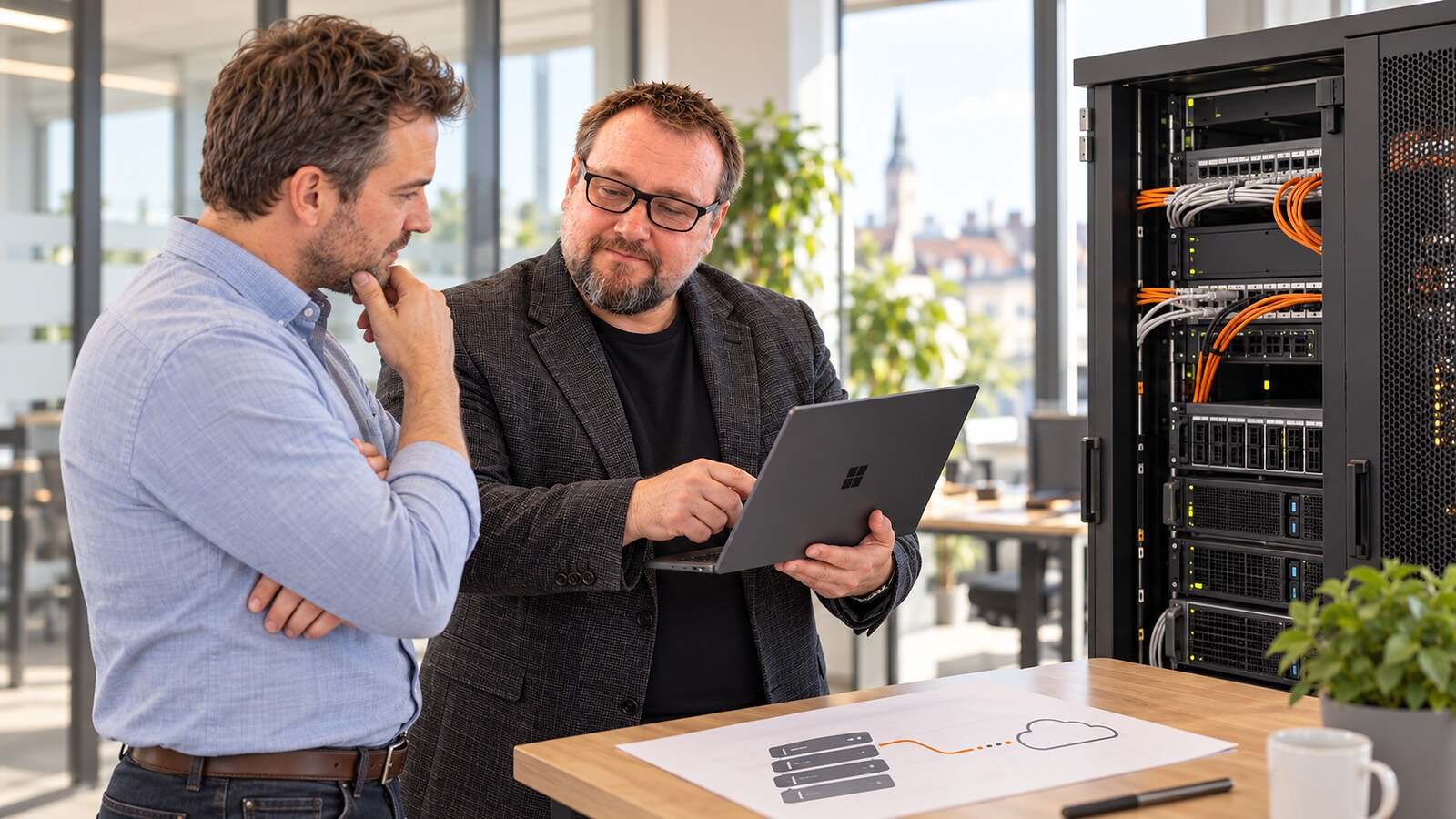 Herbert Röblreiter explains to a client how local infrastructure and external services work together