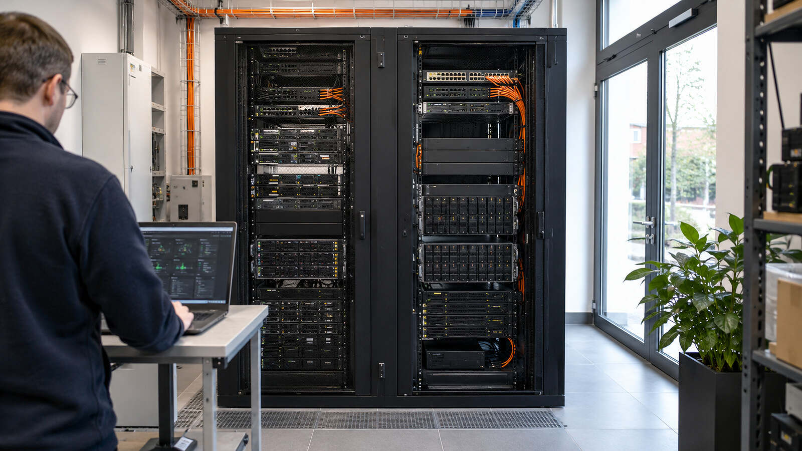 A technician maintains a compact virtualization cluster in a bright server room